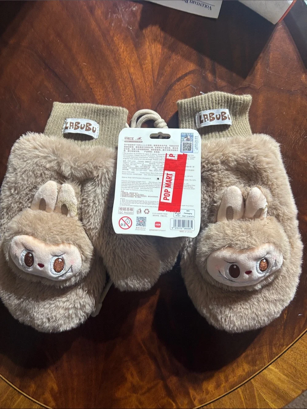 Authentic Labubu Kids Plush Bunny Mittens - Taupe